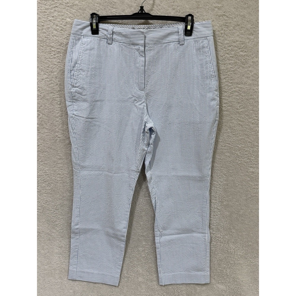Lands' End Women's Size 8 Seersucker White Blue Mid Rise Straight Leg Pants Crop